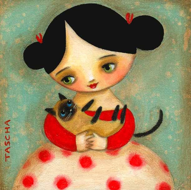 SIAMESE cat with girl PRINT of an original painting by tascha 6x6