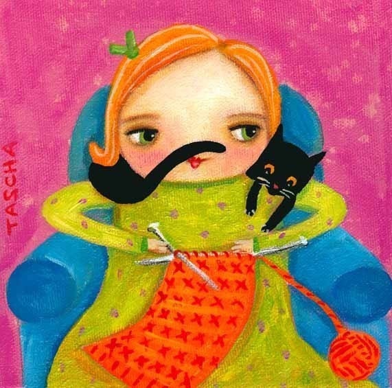 black cat knitting girl PRINT from original painting by tascha 6x6