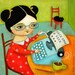 blue typewriter and black cat PRINT of original painting by tascha 6x6