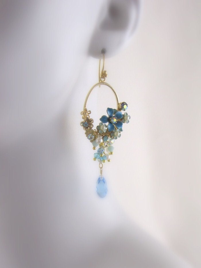 Rhinestone Pearl Drop Earrings Aqua enamel Flowers...Hanging Garden Series