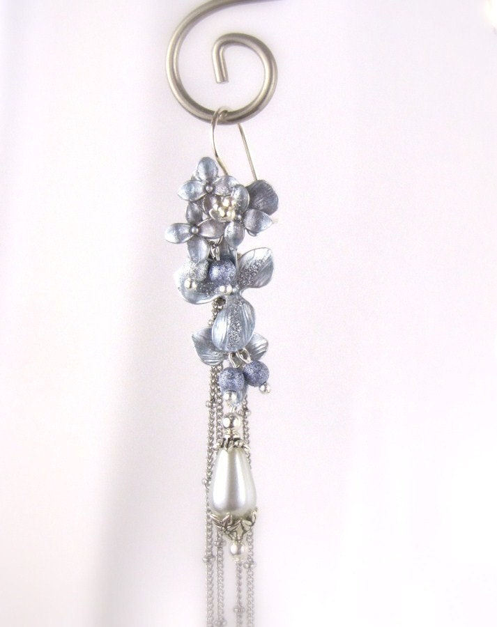 Drop Dangle Pearl Earrings Pale Blue Petals  ...Falling Petals...211