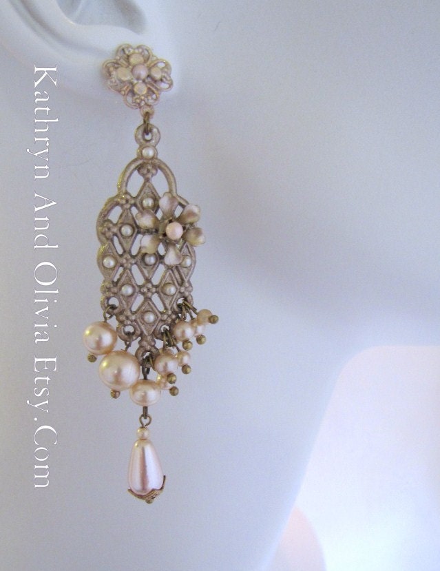 Champagne earrings Filigree Enamel drops with pearls 312-3105