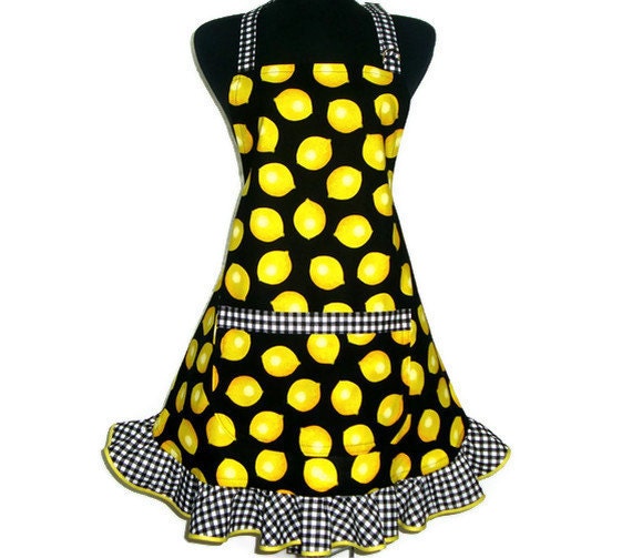 Retro Kitchen Apron,  Yellow Lemons / Black and White Checks, Hostess Style with Ruffle