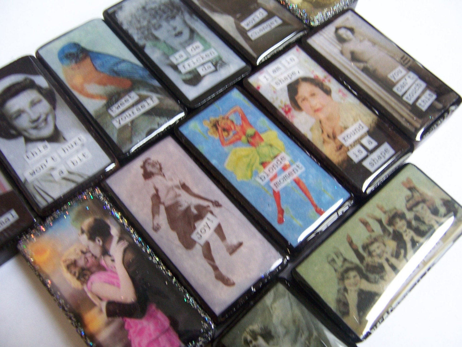 WHOLESALE 20 Altered Domino Pendants Keychains Pins - Fun and Funky Recycled Goodness