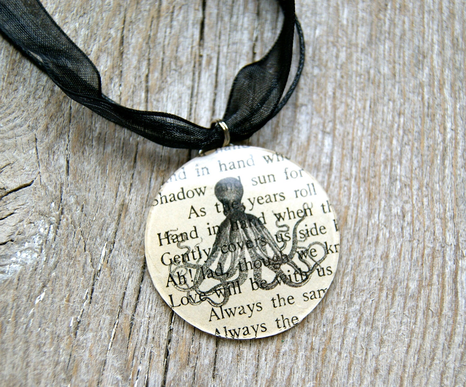 Octopus Arm in Arm in Arm - Altered Vintage Glass Watch Crystal Pendant Necklace - Recycled Upcycled - Ready To Ship