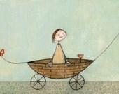 Girl in boat with bird,butterfly and coffee.