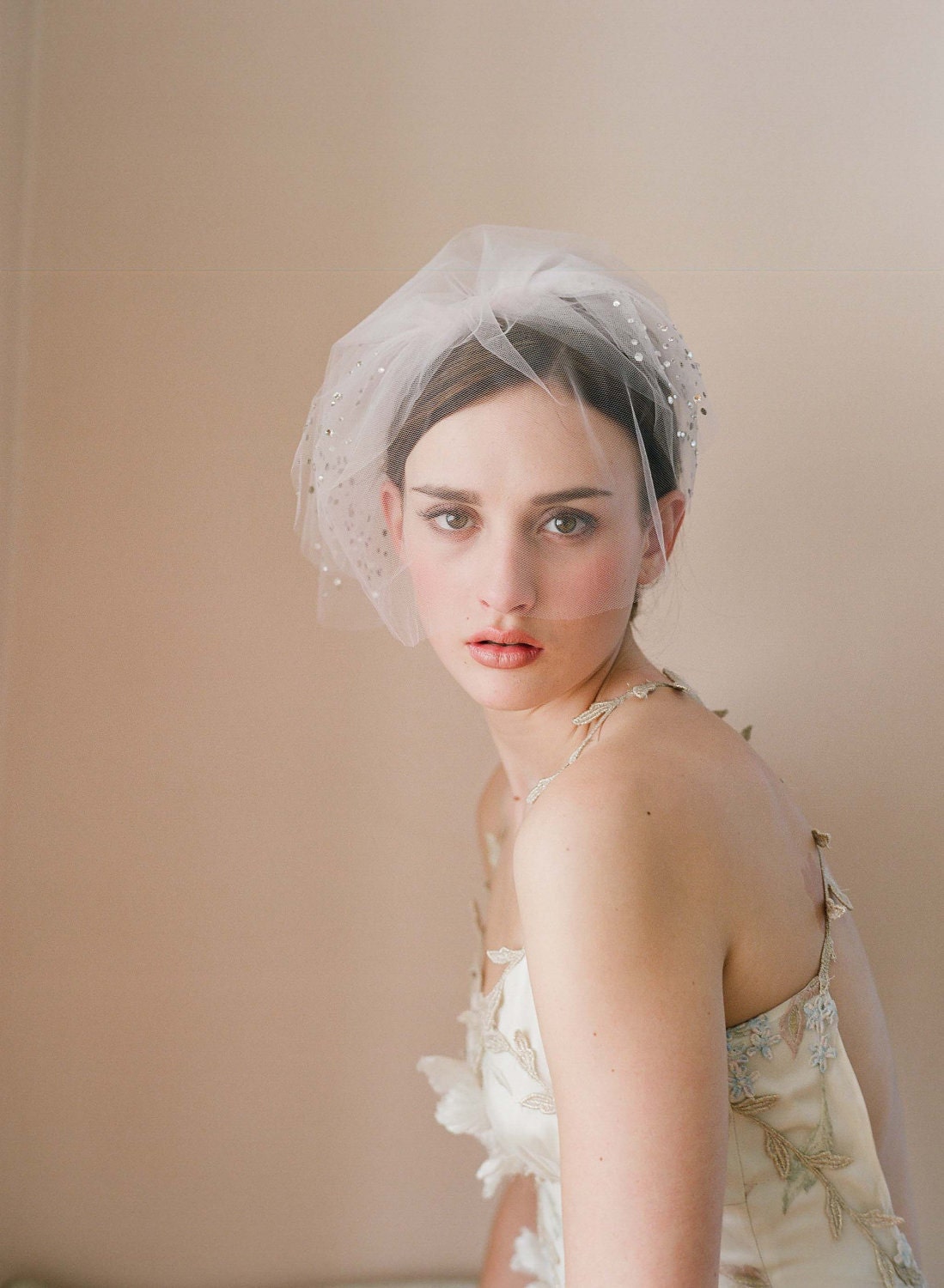Bridal tulle blusher veil - Triple layer rhinestone adorned tulle veil with blusher - Style 216 - Made to Order