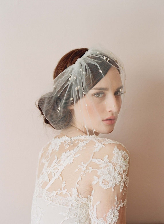 Bridal tulle veil with pearl beads - Mini tulle veil with pearls - Style 212 - Ready to Ship