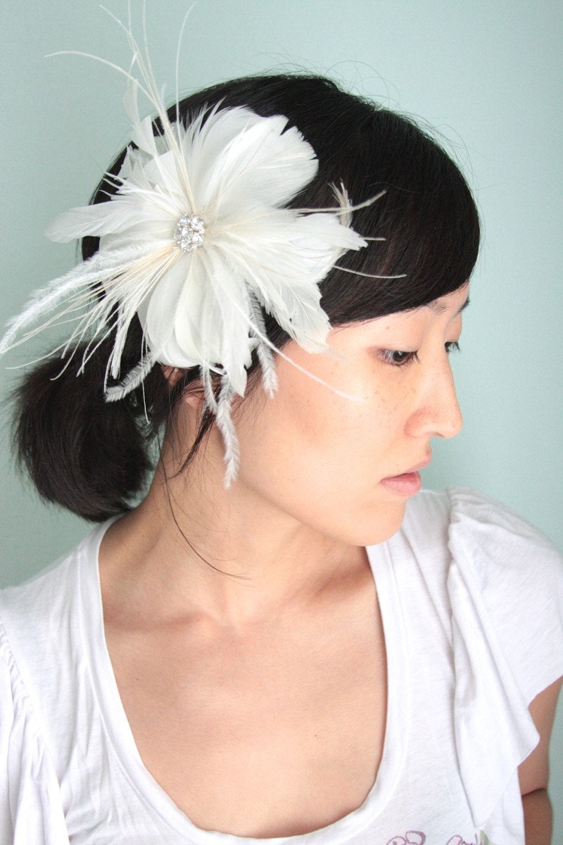 Awake - Bridal hair piece, feather fascinator, ivory and white - Made to Order