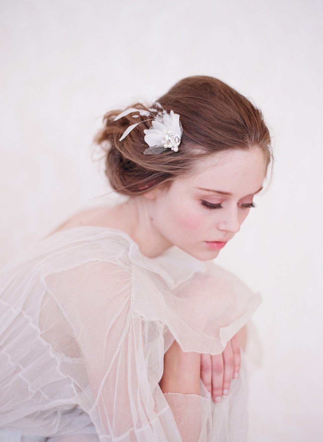Rhinestone, silk tulle and feather hair bobby pin, bridal - Ethereal Firefly - Style 113 - Ready to Ship - Best Seller