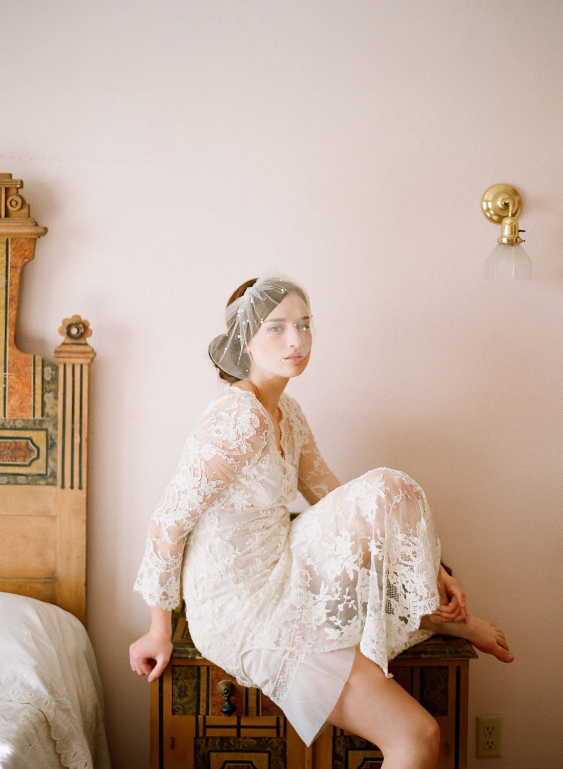 Bridal tulle veil with pearl beads - Mini tulle veil with pearls - Style 212 - Ready to Ship