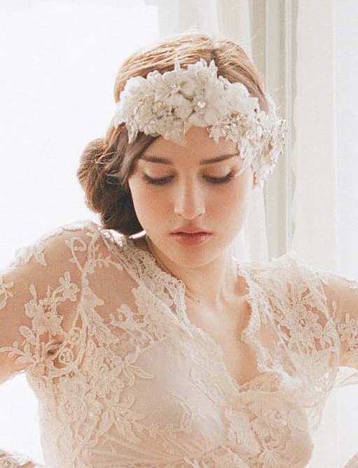 Bridal headpiece, lace and crystal headband - Oversized rhinestone and lace headpiece - Style 247 - Made to Order