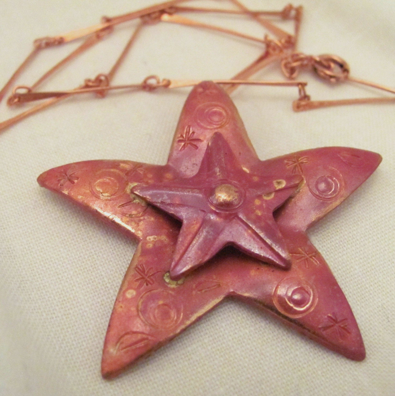 Etched Copper Double Star Pendant with Copper Chain