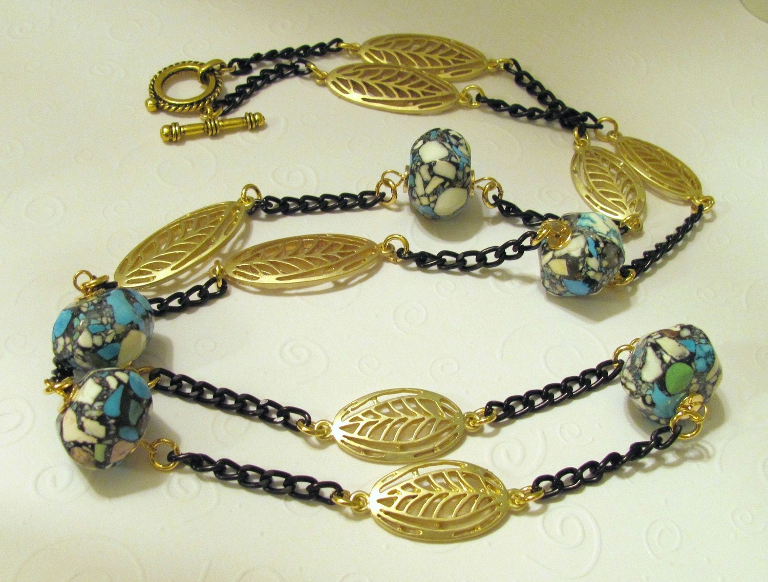 Cool Color Stone Beads and Gold Leaves Necklace with Black Chain