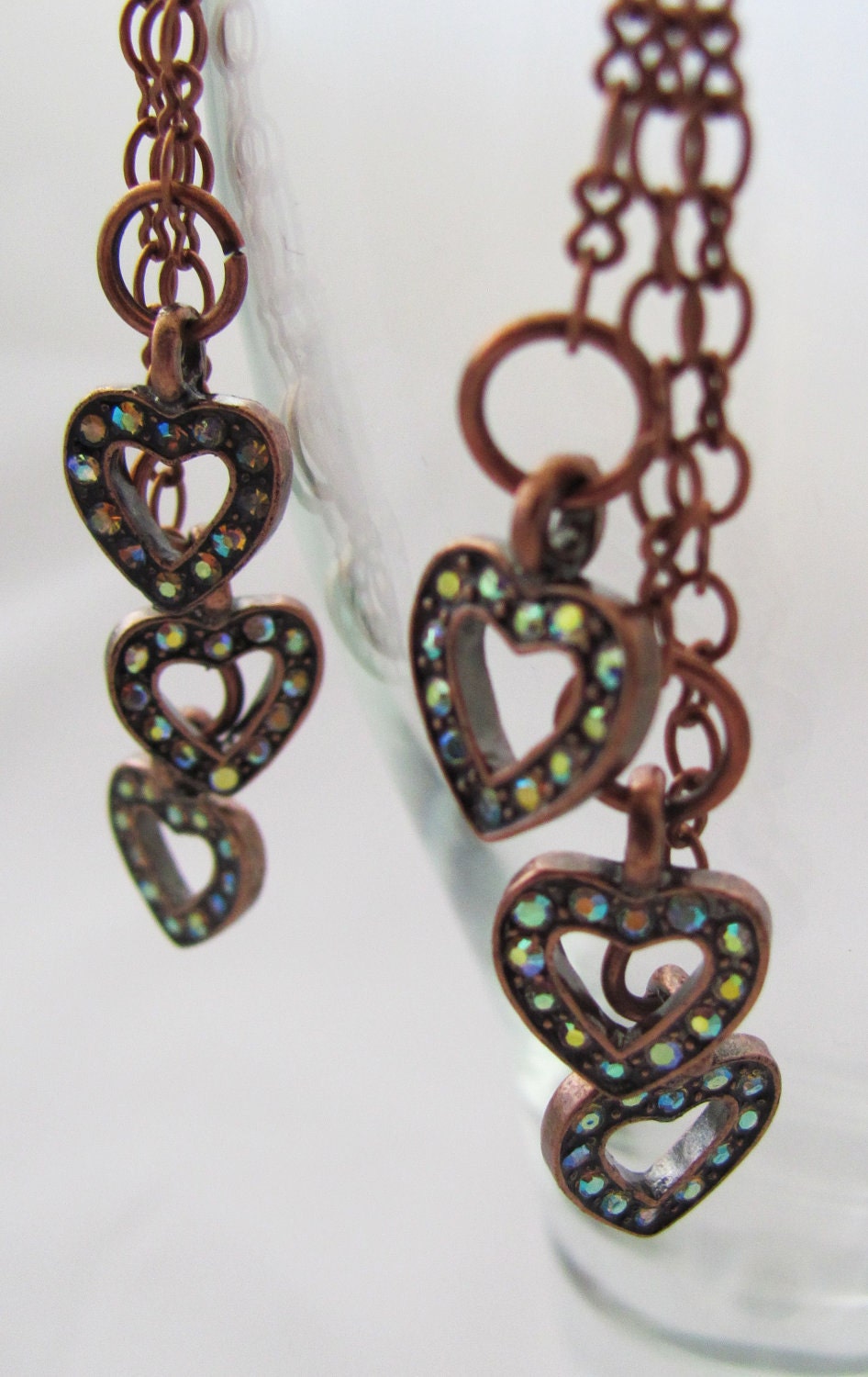 Triple Copper Hearts with Rhinestone Bling Pierced Earrings