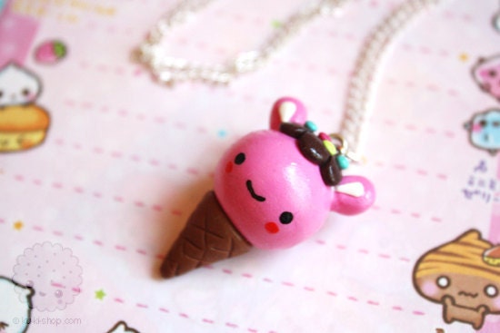Strawberry Ice-cream Necklace - kawaii polymer clay charm