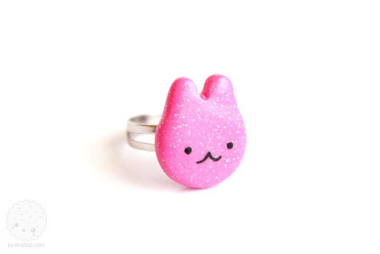 Pink Bunny Ring - cute polymer clay