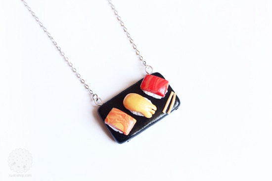 Sushi Plate necklace - cute polymer clay miniature