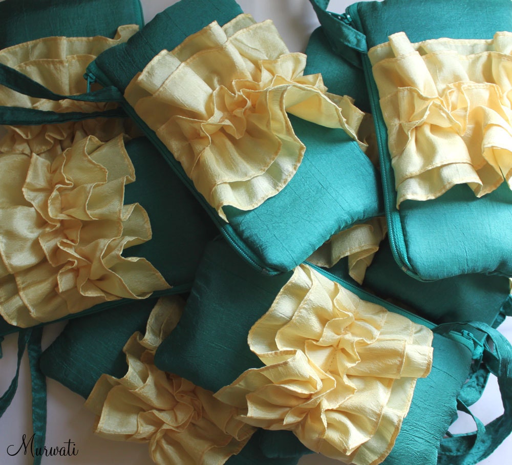 Wedding Clutch-Ruffle Wristlets- SET OF 8 Bridesmaids Gift- Secret Garden Design-Teal Yellow Gray Turquoise Eggplant Silver and Many More