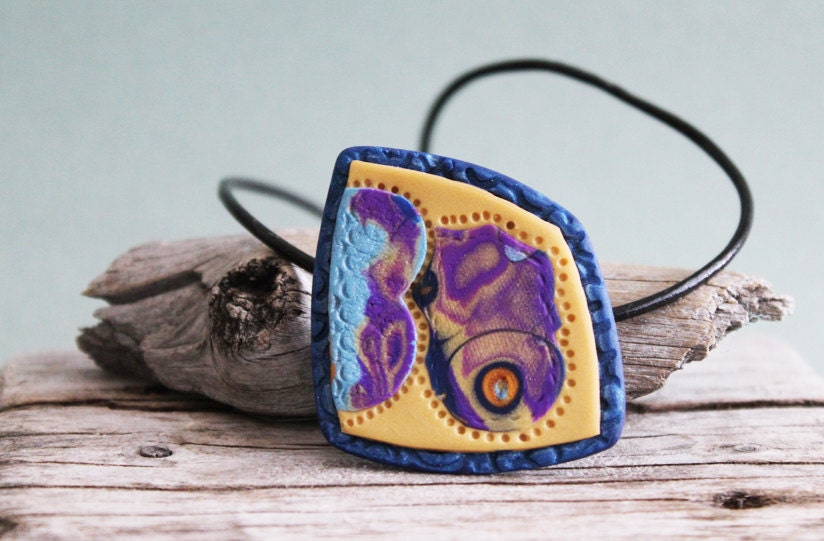 Chameleon. Abstract pendant necklace or choker. Polymer clay and leather cord.  Colorful Mokume Gane patchwork jewelry.