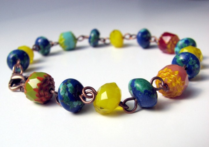 Montserrat Bracelet with Multicolor Primary Color Czech Glass Beads, Turkey Turquoise and Copper
