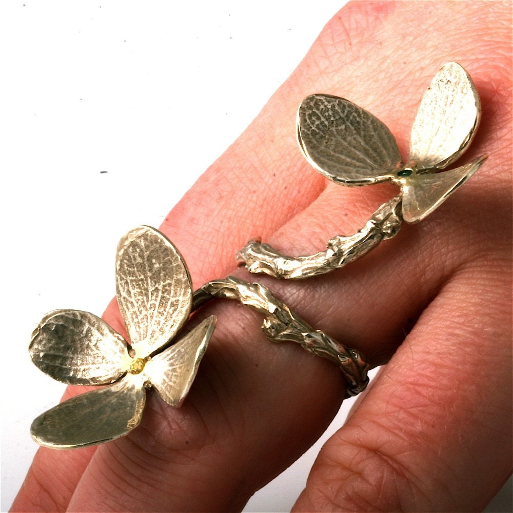 Amazing Green Silver with Diamonds Double Flower and Branch Ring Made by zulasurfing