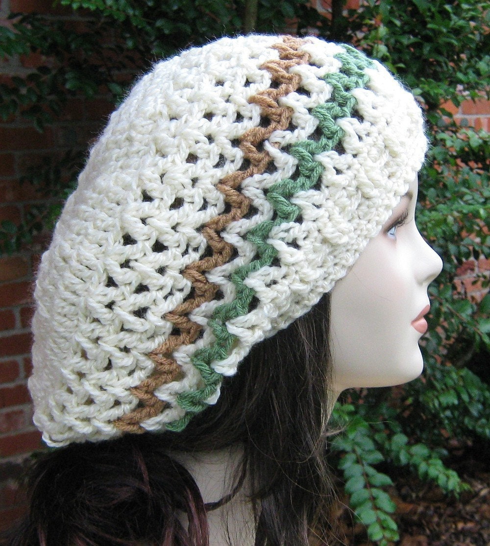 Cream Zig Zag  Dread Tam Hippie Dreadlock Hat Slouchy Beanie