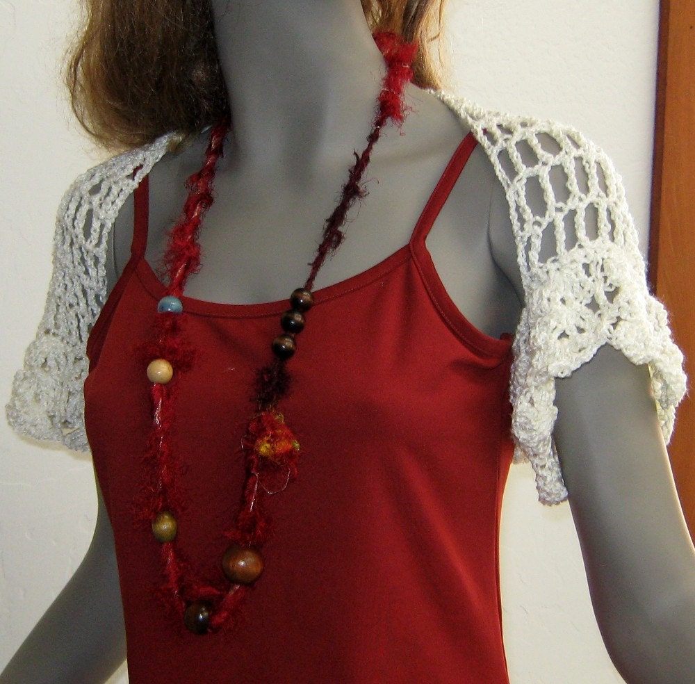 Ivory cotton shrug shoulderette top crochet short sleeves S M L