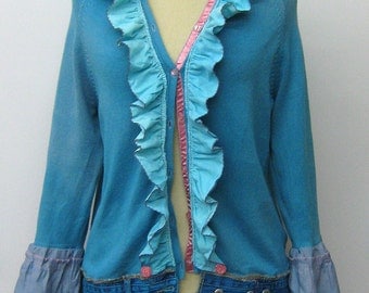 Sale Teal ruffled Reconstructed hand dyed Top Sweater Cardigan recycled upcycled M