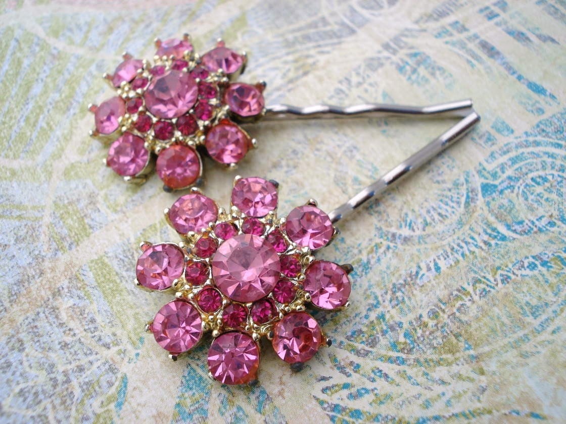 Pink Rhinestone Flower Hair Pins