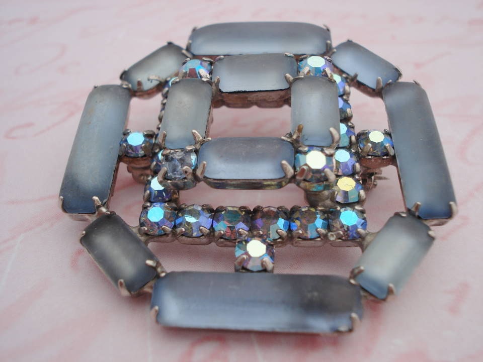 Vintage Blue Aurora Borealis Rhinestone Brooch, 1960s