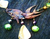 The Nature Goddess-Statement Artisan Necklace with Diving Bird in Flight, Pearls, Shells, and Antiqued Brass Leaf and Wheat