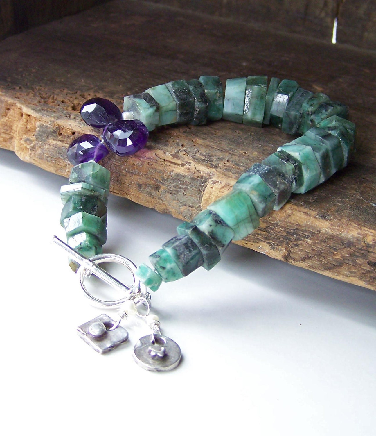 Etsy, Emerald Bracelet with Amethyst Briolettes and Fine Silver, PMC Charms, Amethyst, Bracelet, Beaded Bracelet, Gift, Green Bracelet
