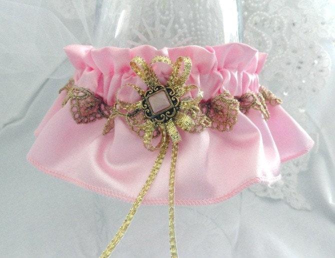 Soft Pink Lucious Satin-Metallic Gold Lace Garter-Bridal-Boudoir