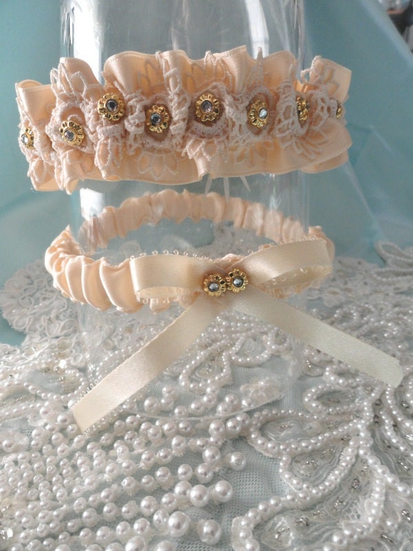 Ivory Satin-Vintage Lace-Rhinestone Garter Set