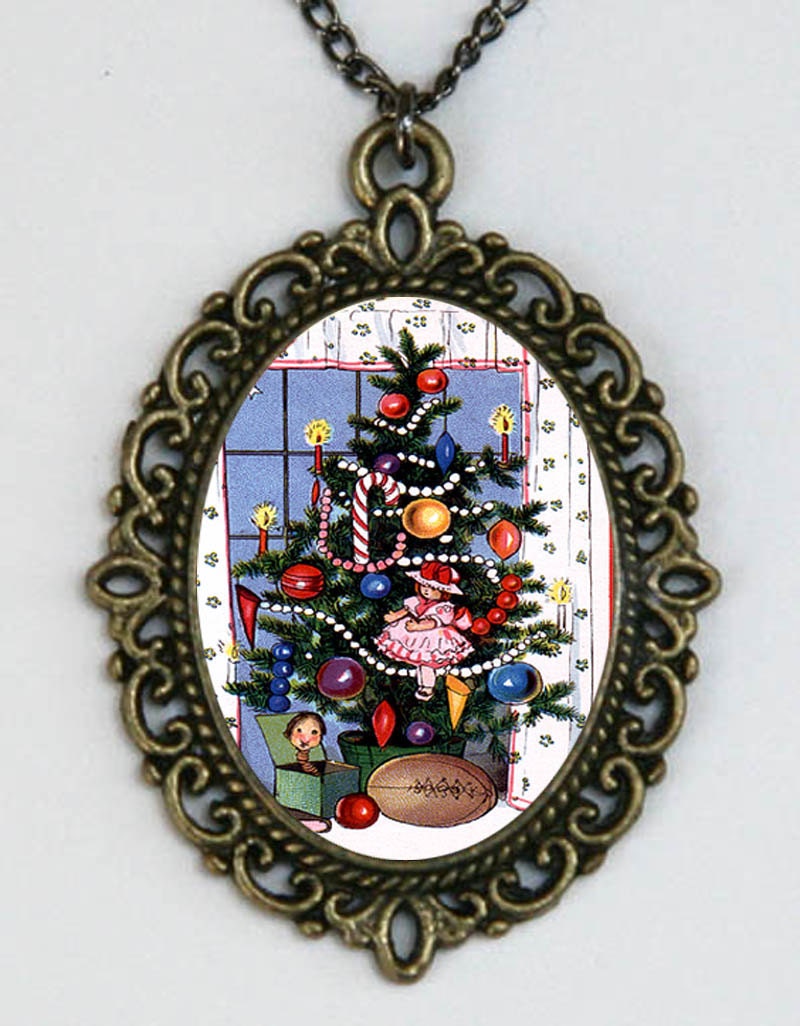 Christmas Tree NECKLACE xmas holiday vintage postcard altered art pendant