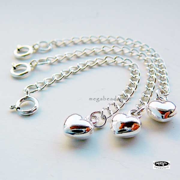 2.5 in Extender Chain  925 Sterling Silver Puff Heart with Clasp F371- 2 pcs