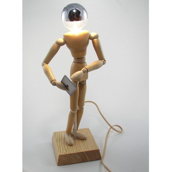 Wood Manikin Figure Lamp with Chrome Light Bulb and iPad