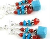 Native Daughter handcrafted Nacozari turquoise and vibrant red coral sterling silver chandelier earrings