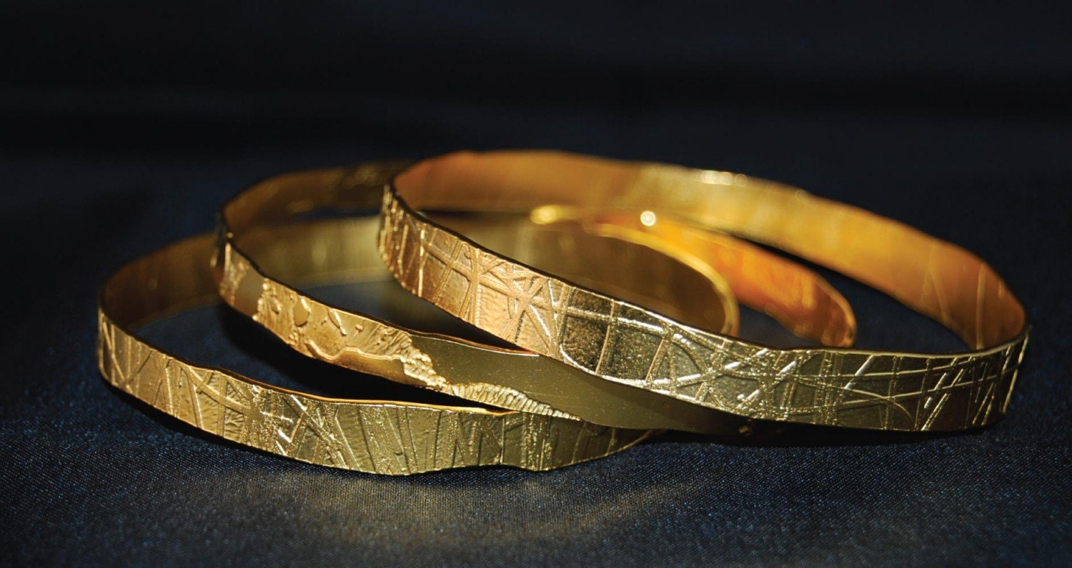 Hand Etched Gold Plated Brass and Copper Bangles - Set of 3