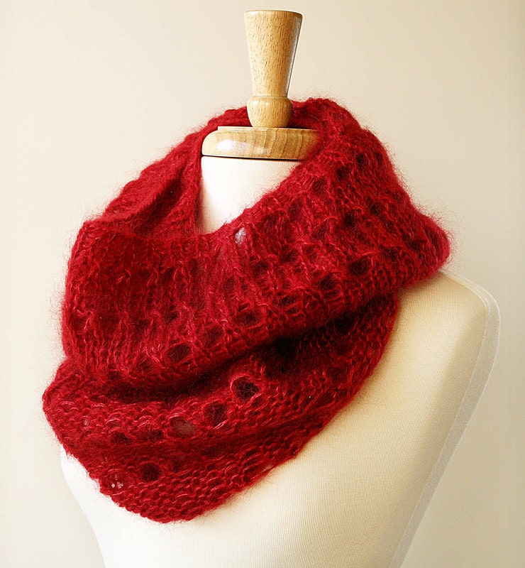 Winter Scarf - Knit Infinity Scarf - Women's Fashion Accessories - Mohair and Silk Knit Cowl Snood - Red - ElenaRosenberg
