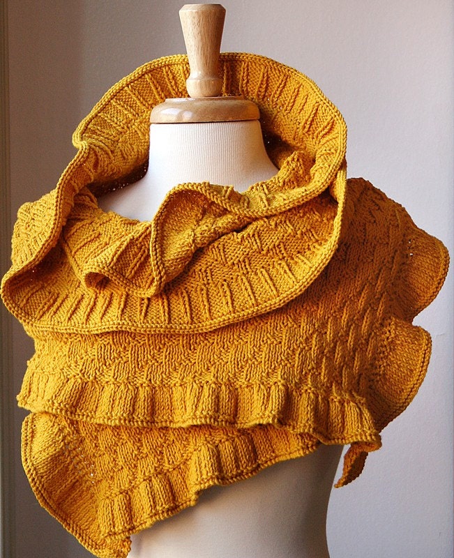 Rococo Knit Shawl - Merino Wool and Cotton Wrap - Wedding Shawl / Wrap / Bolero / Shrug - Mustard Yellow