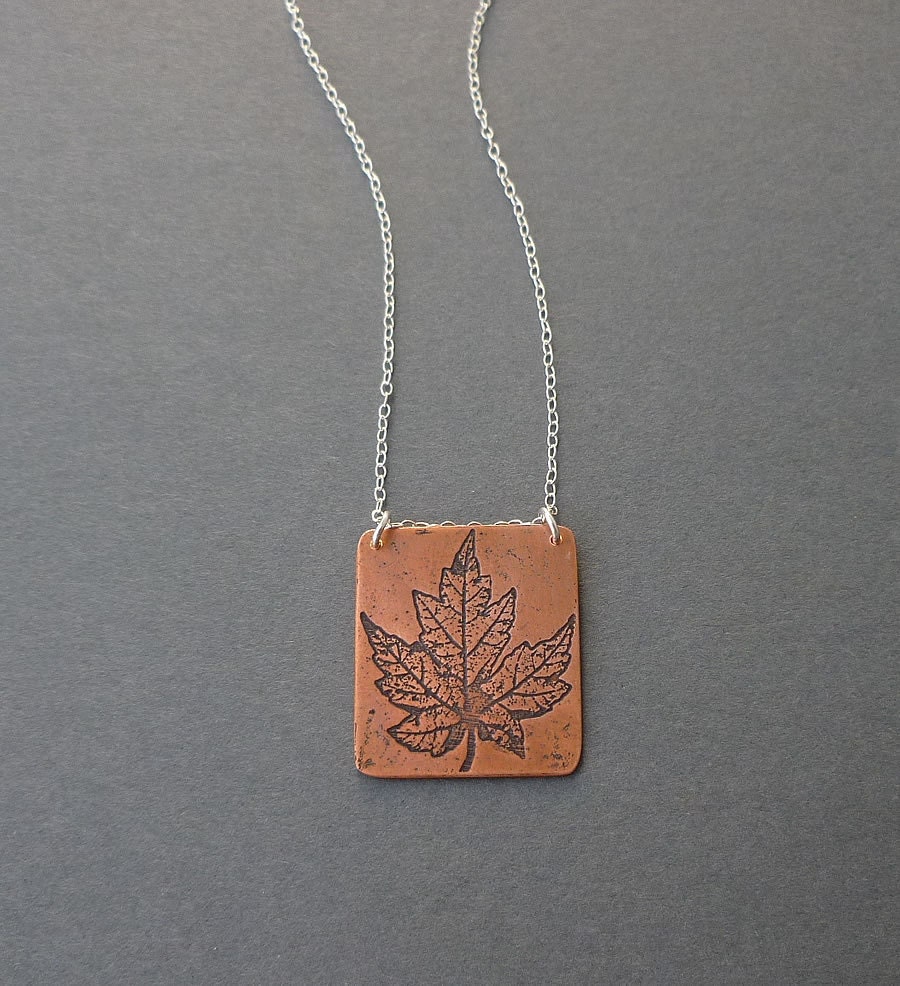 etched copper maple leaf necklace with sterling silver chain gift for her