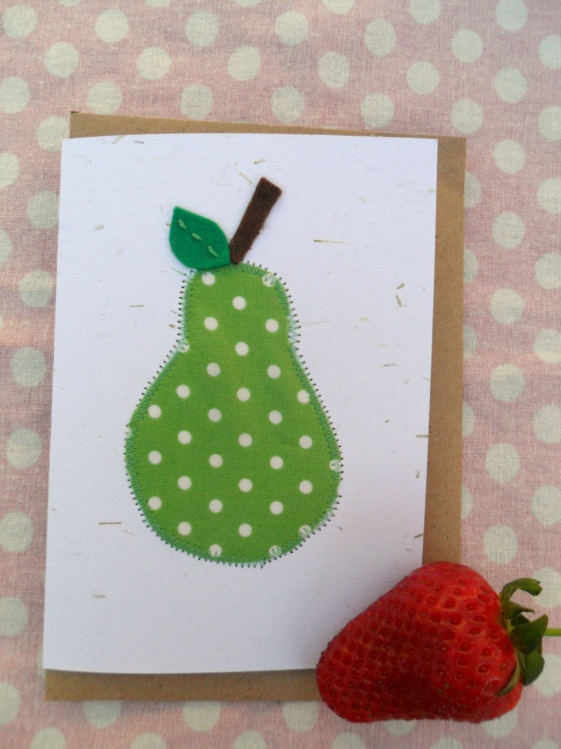 Eco friendly hand cut pear and machine stitched card