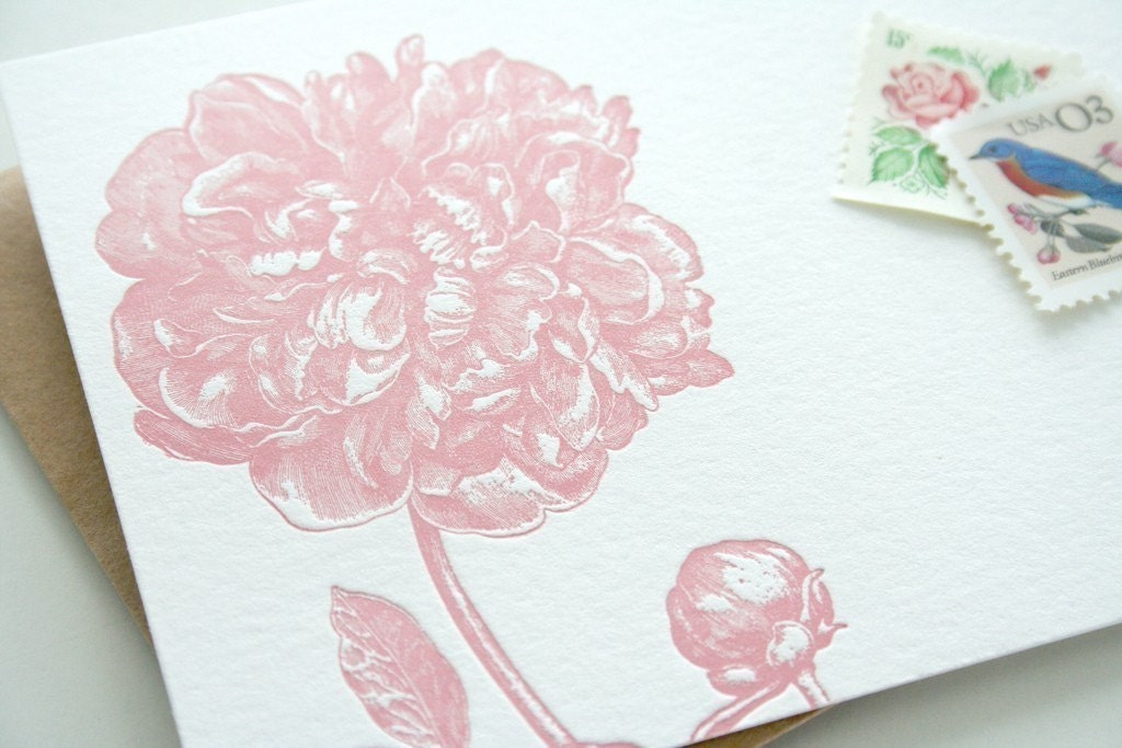 Peony letterpress flat notes - set of 5