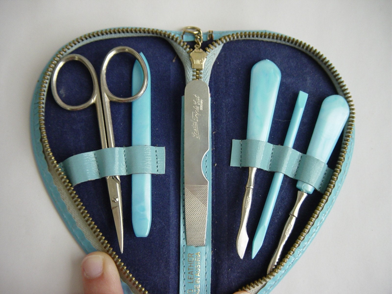 Vintage Manicure Set in Light Blue Zippered Leather Case 