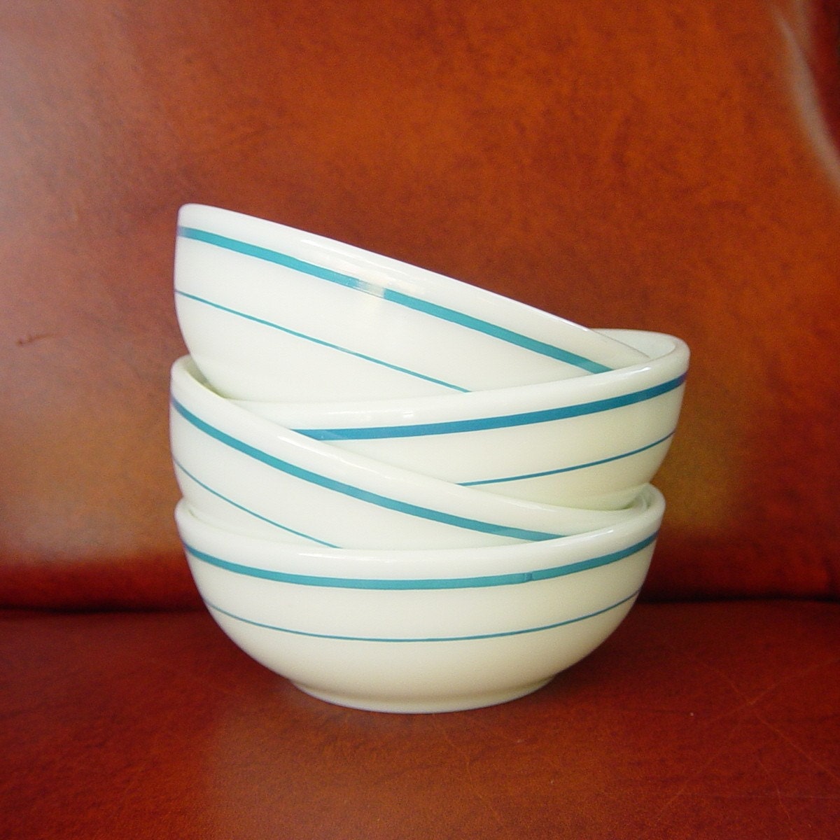 4 Pyrex Turquoise Blue Striped Soup or Cereal by DandelionGirl