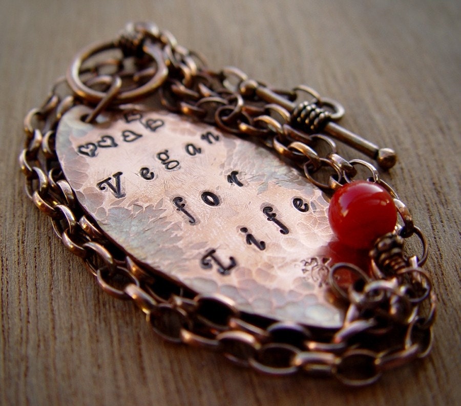 Vegan for Life hand stamped words copper necklace front closing clasp