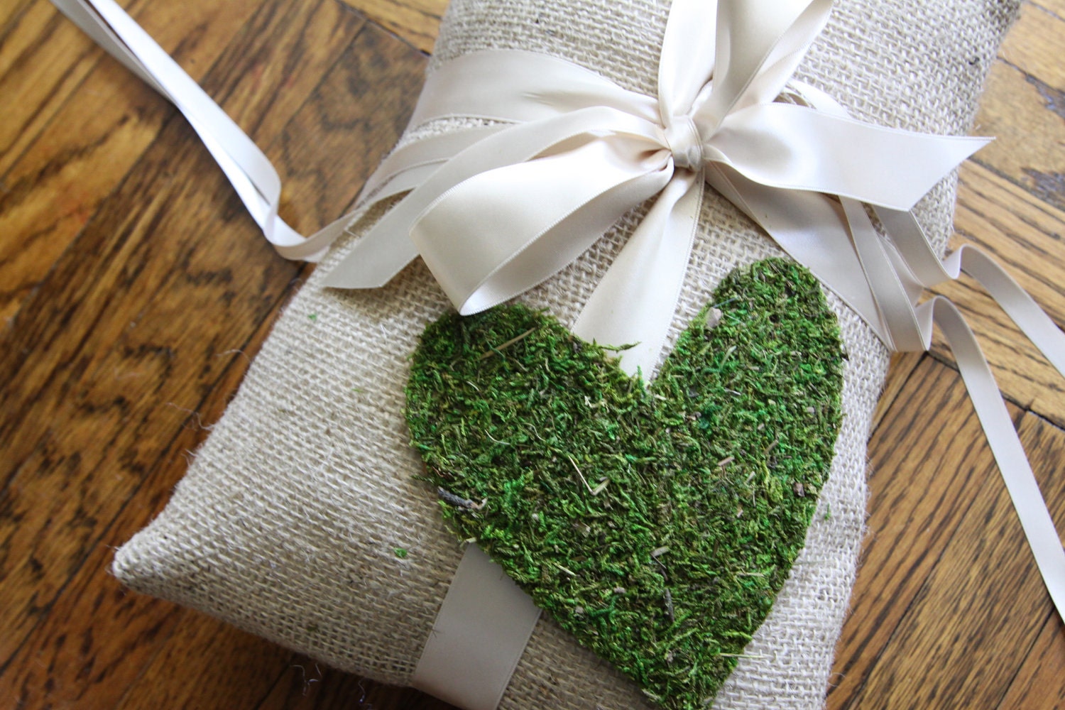 Burlap Ring Bearer Pillow with Moss Heart