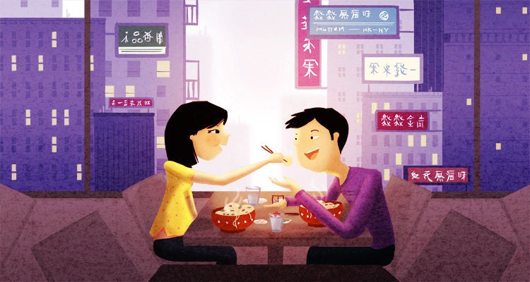 Romantic Couple, Couples Gift, Gift for Couple, Noodle Bowl, Love Wall Art - "The Last Dumpling" - Art Print 13x19